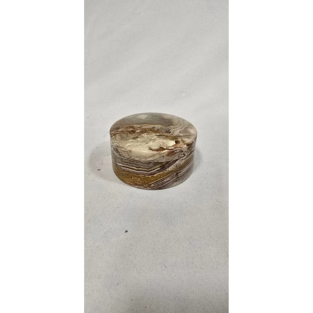 Vtg hand carved marbled stone cylindrical lidded trinket vanity box earthy boho